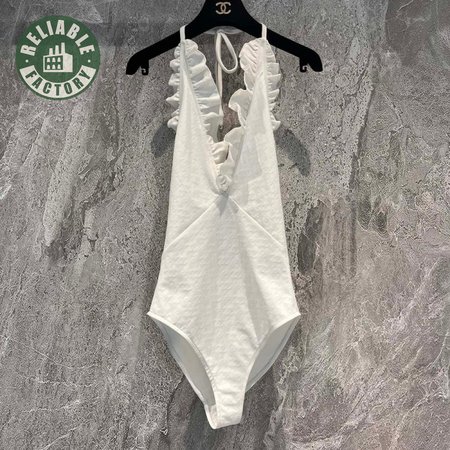 Chanel White Falbala One-Piece Swimsuit