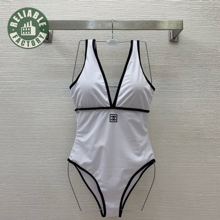 Chanel White V-Neck One-Piece Swimsuit