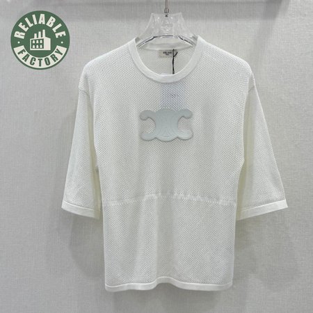 Celine Triomphe Perforated T-Shirt In Plonge Lambskin Optic White