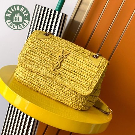 Saint Laurent Niki Raffia Logo Plaque Shoulder Bag