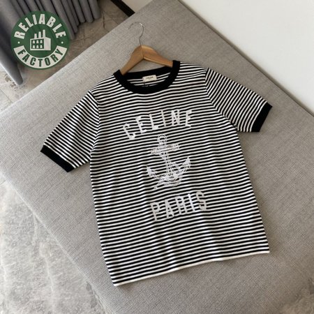 Celine Anchor Striped Jersey 70s Style T-Shirt Fluorescent White/Black