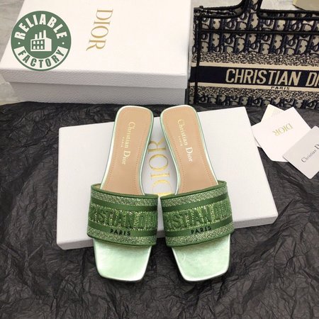 Dior Dway Heeled Slide Green Cotton Embroidered with Metallic Thread and Strass
