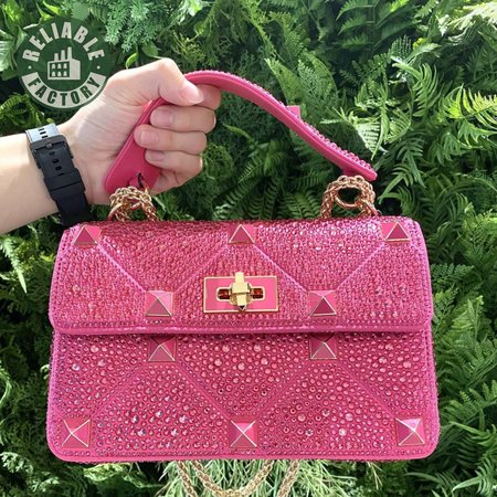 Valentino Medium Roman Stud The Shoulder Bag Chain With Sparkling Embroidery Pink