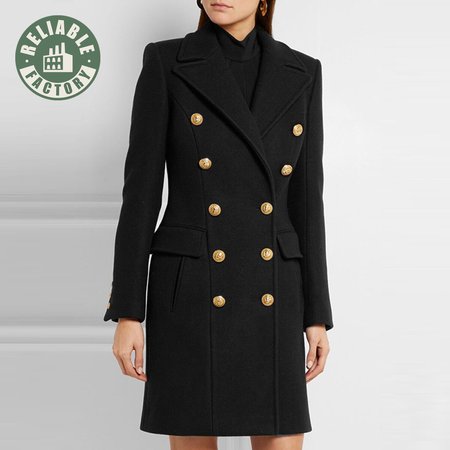 Balmain Black Double Breasted Gold Button Wool Coat