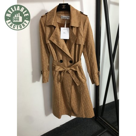 Dior Logo Print Tie-Waist Lapel Long-Sleeved Suede Trench Coat Jacket
