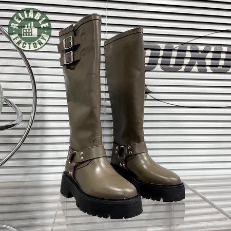 Celine Bulky Biker High Boot In Calfskin Khaki/Silver